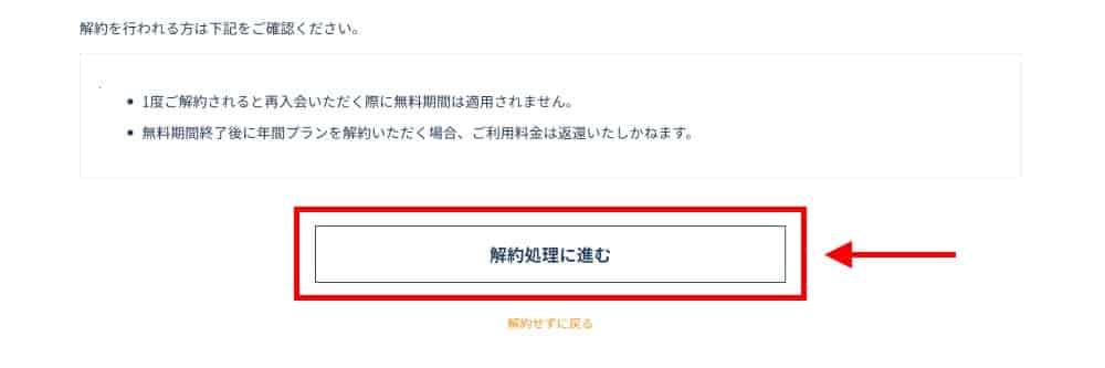 解約確認ページの下にある「解約処理に進む」をクリック